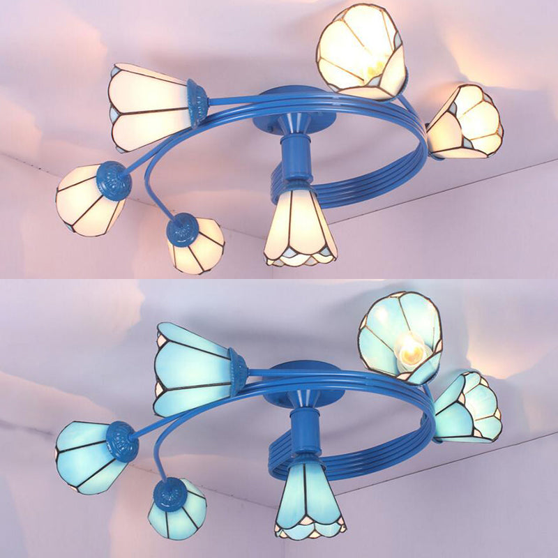 Cone Semi Flush Light Tiffany Traditional Stained Glass 4/6 Lights Semi Flushmount in White/Blue for Bedroom Clearhalo 'Ceiling Lights' 'Close To Ceiling Lights' 'Close to ceiling' 'Glass shade' 'Glass' 'Semi-flushmount' 'Tiffany close to ceiling' 'Tiffany' Lighting' 27744