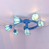 Cone Semi Flush Light Tiffany Traditional Stained Glass 4/6 Lights Semi Flushmount in White/Blue for Bedroom Clearhalo 'Ceiling Lights' 'Close To Ceiling Lights' 'Close to ceiling' 'Glass shade' 'Glass' 'Semi-flushmount' 'Tiffany close to ceiling' 'Tiffany' Lighting' 27745