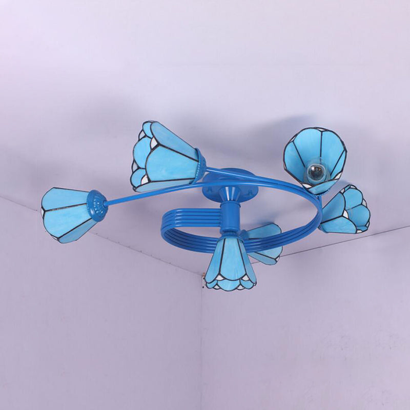 Cone Semi Flush Light Tiffany Traditional Stained Glass 4/6 Lights Semi Flushmount in White/Blue for Bedroom Clearhalo 'Ceiling Lights' 'Close To Ceiling Lights' 'Close to ceiling' 'Glass shade' 'Glass' 'Semi-flushmount' 'Tiffany close to ceiling' 'Tiffany' Lighting' 27746