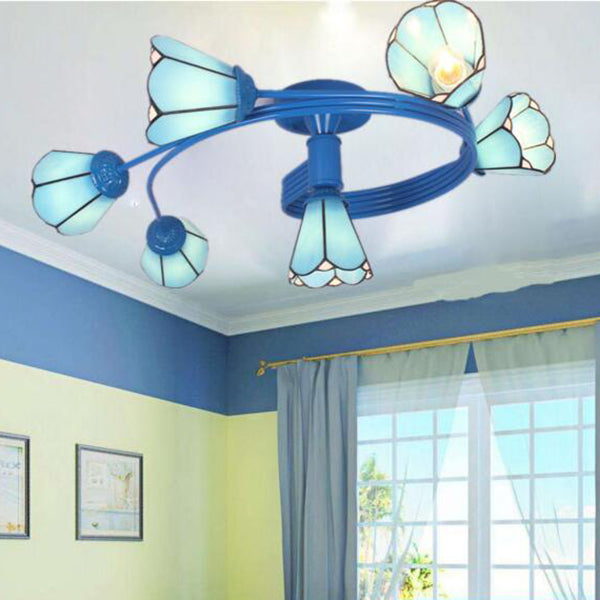 Cone Semi Flush Light Tiffany Traditional Stained Glass 4/6 Lights Semi Flushmount in White/Blue for Bedroom 6 Blue Clearhalo 'Ceiling Lights' 'Close To Ceiling Lights' 'Close to ceiling' 'Glass shade' 'Glass' 'Semi-flushmount' 'Tiffany close to ceiling' 'Tiffany' Lighting' 27747