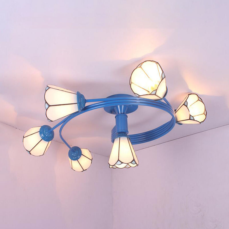 Cone Semi Flush Light Tiffany Traditional Stained Glass 4/6 Lights Semi Flushmount in White/Blue for Bedroom 6 White Clearhalo 'Ceiling Lights' 'Close To Ceiling Lights' 'Close to ceiling' 'Glass shade' 'Glass' 'Semi-flushmount' 'Tiffany close to ceiling' 'Tiffany' Lighting' 27748