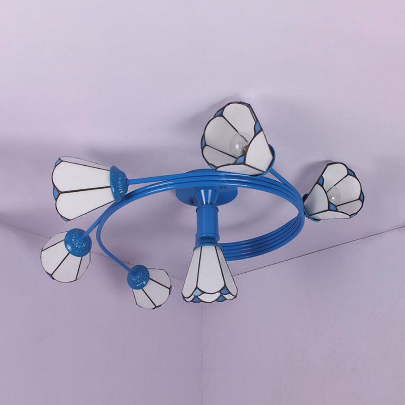 Cone Semi Flush Light Tiffany Traditional Stained Glass 4/6 Lights Semi Flushmount in White/Blue for Bedroom Clearhalo 'Ceiling Lights' 'Close To Ceiling Lights' 'Close to ceiling' 'Glass shade' 'Glass' 'Semi-flushmount' 'Tiffany close to ceiling' 'Tiffany' Lighting' 27749