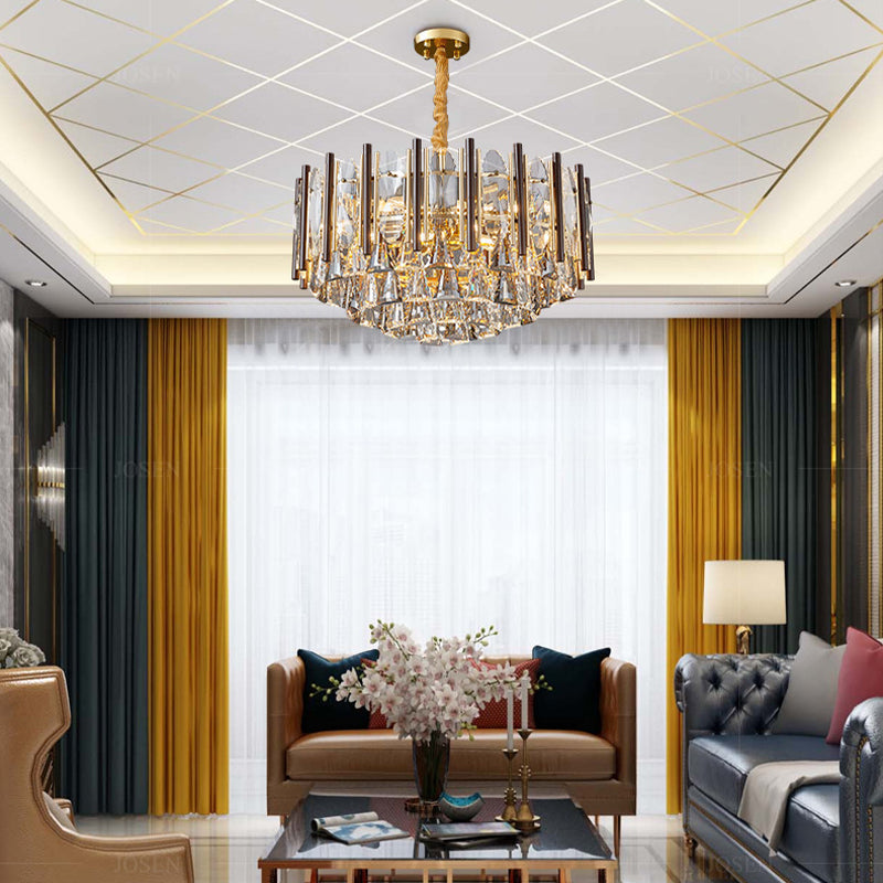 Cylinder Pendant Chandelier Contemporary Crystal 6/9 Heads Black Ceiling Hanging Light, 19.5"/23.5" Wide Clearhalo 'Ceiling Lights' 'Chandeliers' Lighting' options 277506