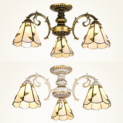 Traditional Leaf Semi Flushmount Beige Glass Shade 3 Light Semi Flush Lamp in White/Antique Brass for Dining Room Clearhalo 'Ceiling Lights' 'Close To Ceiling Lights' 'Close to ceiling' 'Glass shade' 'Glass' 'Semi-flushmount' 'Tiffany close to ceiling' 'Tiffany' Lighting' 27756