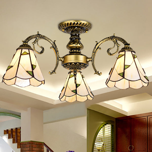 Traditional Leaf Semi Flushmount Beige Glass Shade 3 Light Semi Flush Lamp in White/Antique Brass for Dining Room Antique Brass Clearhalo 'Ceiling Lights' 'Close To Ceiling Lights' 'Close to ceiling' 'Glass shade' 'Glass' 'Semi-flushmount' 'Tiffany close to ceiling' 'Tiffany' Lighting' 27758