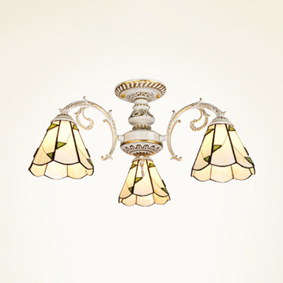 Traditional Leaf Semi Flushmount Beige Glass Shade 3 Light Semi Flush Lamp in White/Antique Brass for Dining Room White Clearhalo 'Ceiling Lights' 'Close To Ceiling Lights' 'Close to ceiling' 'Glass shade' 'Glass' 'Semi-flushmount' 'Tiffany close to ceiling' 'Tiffany' Lighting' 27759