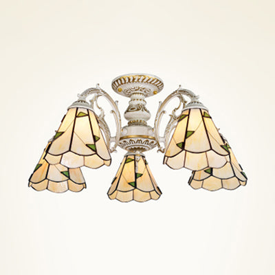 Conical Semi Flush Light Vintage Lodge Stained Glass 3/5 Heads Flush Ceiling Light in White/Antique Brass for Foyer Clearhalo 'Ceiling Lights' 'Close To Ceiling Lights' 'Close to ceiling' 'Glass shade' 'Glass' 'Semi-flushmount' 'Tiffany close to ceiling' 'Tiffany' Lighting' 27763