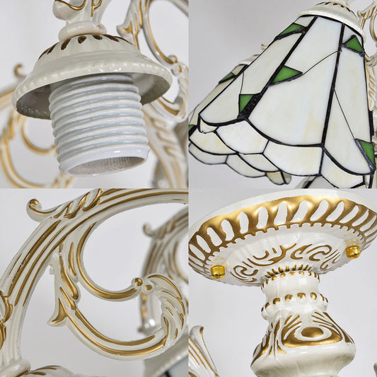 Conical Semi Flush Light Vintage Lodge Stained Glass 3/5 Heads Flush Ceiling Light in White/Antique Brass for Foyer Clearhalo 'Ceiling Lights' 'Close To Ceiling Lights' 'Close to ceiling' 'Glass shade' 'Glass' 'Semi-flushmount' 'Tiffany close to ceiling' 'Tiffany' Lighting' 27770