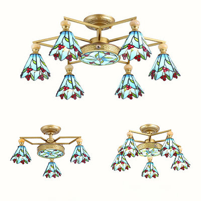 Stained Glass Cone Semi Flush Lamp Nautical Style 4/6/7 Lights Surface Mount Ceiling Light in Blue Clearhalo 'Ceiling Lights' 'Chandeliers' 'Close To Ceiling Lights' 'Close to ceiling' 'Glass shade' 'Glass' 'Semi-flushmount' 'Tiffany close to ceiling' 'Tiffany' Lighting' 27771