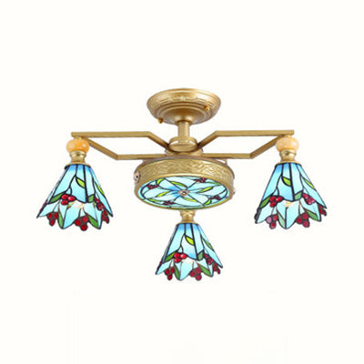 Stained Glass Cone Semi Flush Lamp Nautical Style 4/6/7 Lights Surface Mount Ceiling Light in Blue Clearhalo 'Ceiling Lights' 'Chandeliers' 'Close To Ceiling Lights' 'Close to ceiling' 'Glass shade' 'Glass' 'Semi-flushmount' 'Tiffany close to ceiling' 'Tiffany' Lighting' 27772
