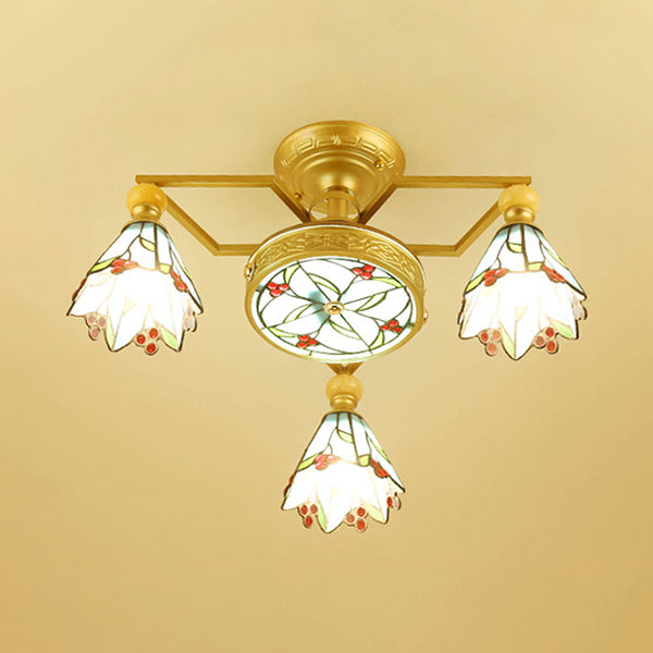 Stained Glass Cone Semi Flush Lamp Nautical Style 4/6/7 Lights Surface Mount Ceiling Light in Blue Clearhalo 'Ceiling Lights' 'Chandeliers' 'Close To Ceiling Lights' 'Close to ceiling' 'Glass shade' 'Glass' 'Semi-flushmount' 'Tiffany close to ceiling' 'Tiffany' Lighting' 27773
