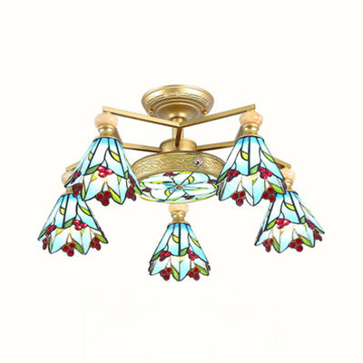 Stained Glass Cone Semi Flush Lamp Nautical Style 4/6/7 Lights Surface Mount Ceiling Light in Blue Clearhalo 'Ceiling Lights' 'Chandeliers' 'Close To Ceiling Lights' 'Close to ceiling' 'Glass shade' 'Glass' 'Semi-flushmount' 'Tiffany close to ceiling' 'Tiffany' Lighting' 27775