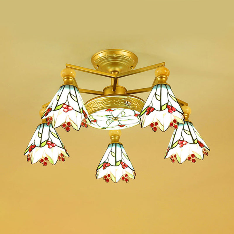 Stained Glass Cone Semi Flush Lamp Nautical Style 4/6/7 Lights Surface Mount Ceiling Light in Blue Clearhalo 'Ceiling Lights' 'Chandeliers' 'Close To Ceiling Lights' 'Close to ceiling' 'Glass shade' 'Glass' 'Semi-flushmount' 'Tiffany close to ceiling' 'Tiffany' Lighting' 27776