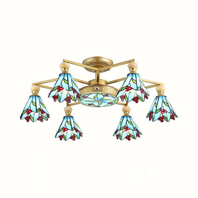Stained Glass Cone Semi Flush Lamp Nautical Style 4/6/7 Lights Surface Mount Ceiling Light in Blue Clearhalo 'Ceiling Lights' 'Chandeliers' 'Close To Ceiling Lights' 'Close to ceiling' 'Glass shade' 'Glass' 'Semi-flushmount' 'Tiffany close to ceiling' 'Tiffany' Lighting' 27778