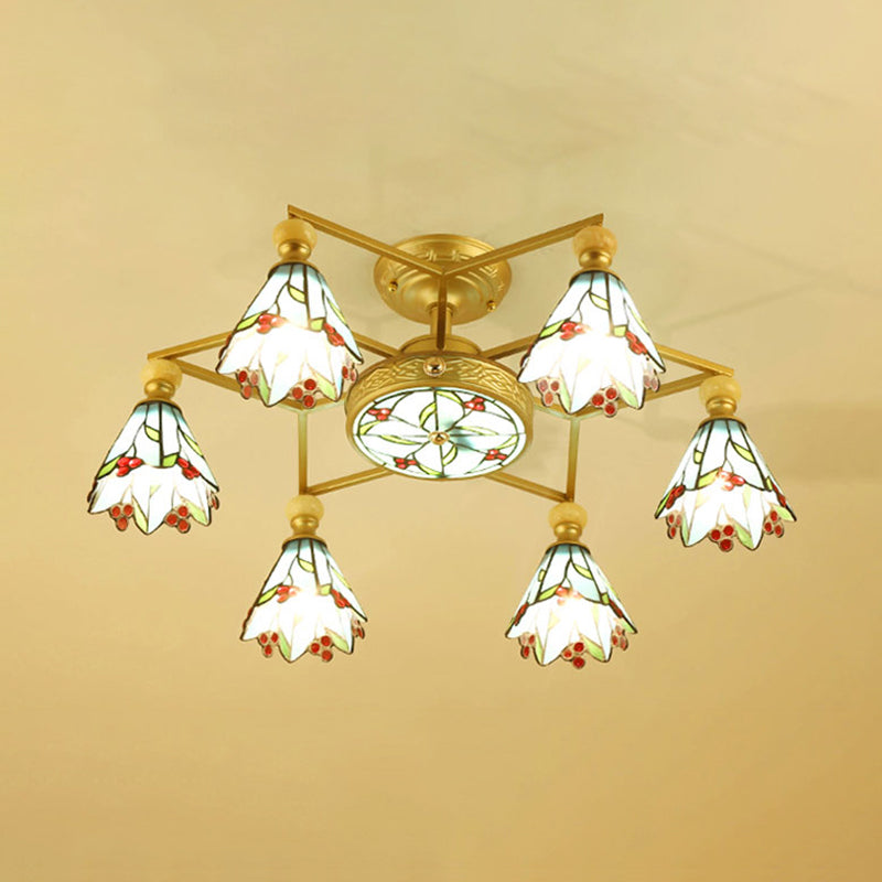 Stained Glass Cone Semi Flush Lamp Nautical Style 4/6/7 Lights Surface Mount Ceiling Light in Blue Clearhalo 'Ceiling Lights' 'Chandeliers' 'Close To Ceiling Lights' 'Close to ceiling' 'Glass shade' 'Glass' 'Semi-flushmount' 'Tiffany close to ceiling' 'Tiffany' Lighting' 27779