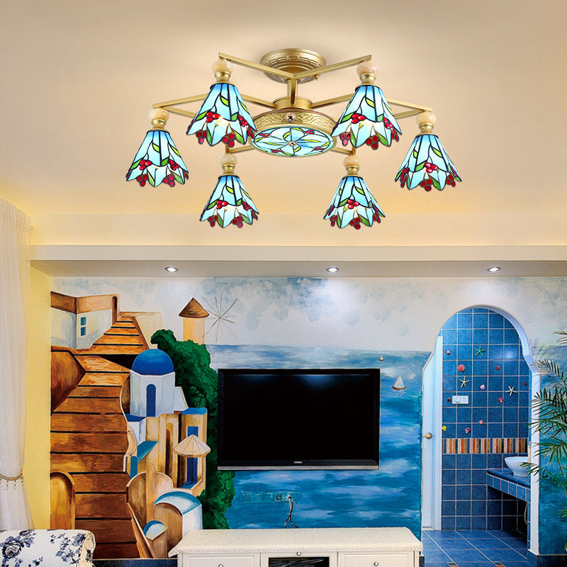 Stained Glass Cone Semi Flush Lamp Nautical Style 4/6/7 Lights Surface Mount Ceiling Light in Blue 7 Blue Clearhalo 'Ceiling Lights' 'Chandeliers' 'Close To Ceiling Lights' 'Close to ceiling' 'Glass shade' 'Glass' 'Semi-flushmount' 'Tiffany close to ceiling' 'Tiffany' Lighting' 27780