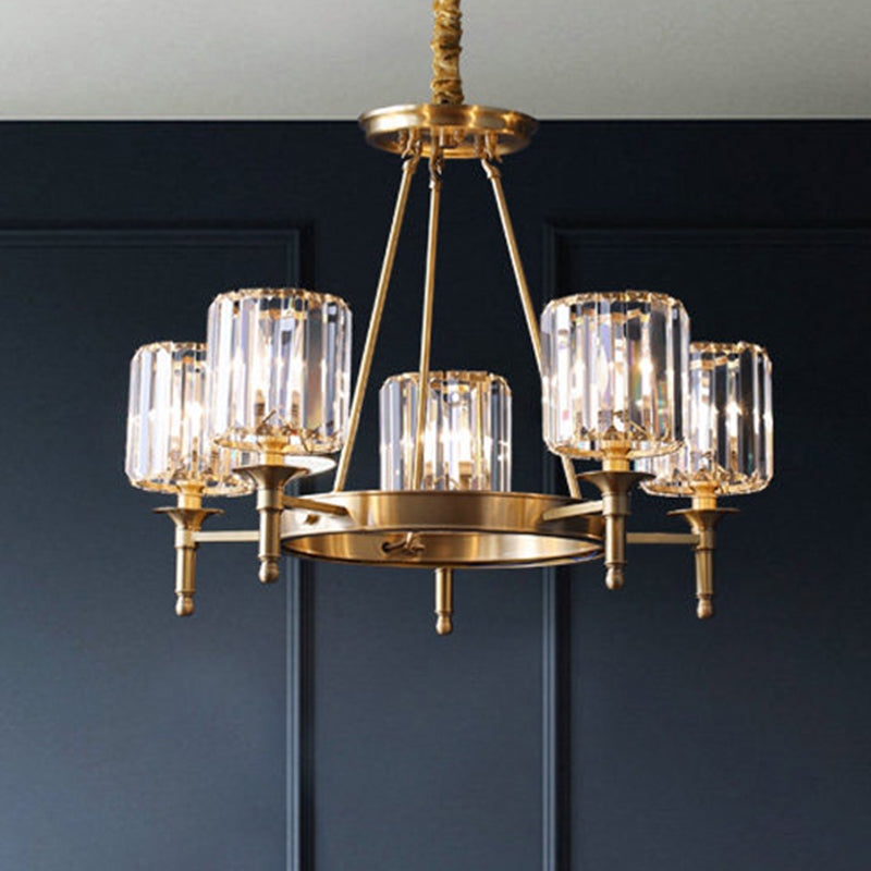 Faceted Crystal Cylinder Chandelier Lighting Modernist 3/5/6 Bulbs Ceiling Pendant Light in Brass 5 Brass Clearhalo 'Ceiling Lights' 'Chandeliers' 'Modern Chandeliers' 'Modern' Lighting' 277953