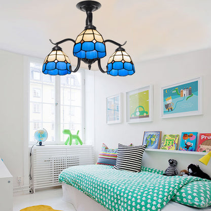 Tiffany Indoor Semi Surface Mount Ceiling Light with Mediterranean/Leaf/Rose/Blue Square Design Stained Glass 3 Lights Semi Flush Light in Black Black Blue Square Clearhalo 'Ceiling Lights' 'Close To Ceiling Lights' 'Close to ceiling' 'Glass shade' 'Glass' 'Semi-flushmount' 'Tiffany close to ceiling' 'Tiffany' Lighting' 27797