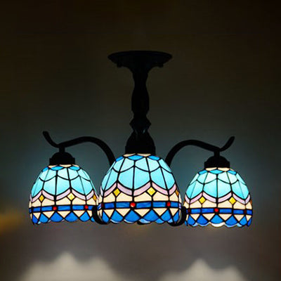 Tiffany Indoor Semi Surface Mount Ceiling Light with Mediterranean/Leaf/Rose/Blue Square Design Stained Glass 3 Lights Semi Flush Light in Black Clearhalo 'Ceiling Lights' 'Close To Ceiling Lights' 'Close to ceiling' 'Glass shade' 'Glass' 'Semi-flushmount' 'Tiffany close to ceiling' 'Tiffany' Lighting' 27799