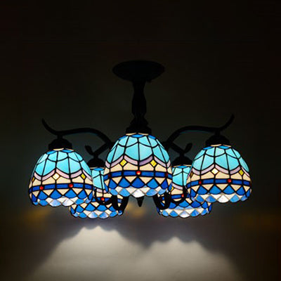 3/5 Lights Semi Flushmount with Shade Tiffany Style Stained Glass Semi Flush Lamp in Red/Blue/Green/Blue-White for Stairway Clearhalo 'Ceiling Lights' 'Close To Ceiling Lights' 'Close to ceiling' 'Glass shade' 'Glass' 'Semi-flushmount' 'Tiffany close to ceiling' 'Tiffany' Lighting' 27810