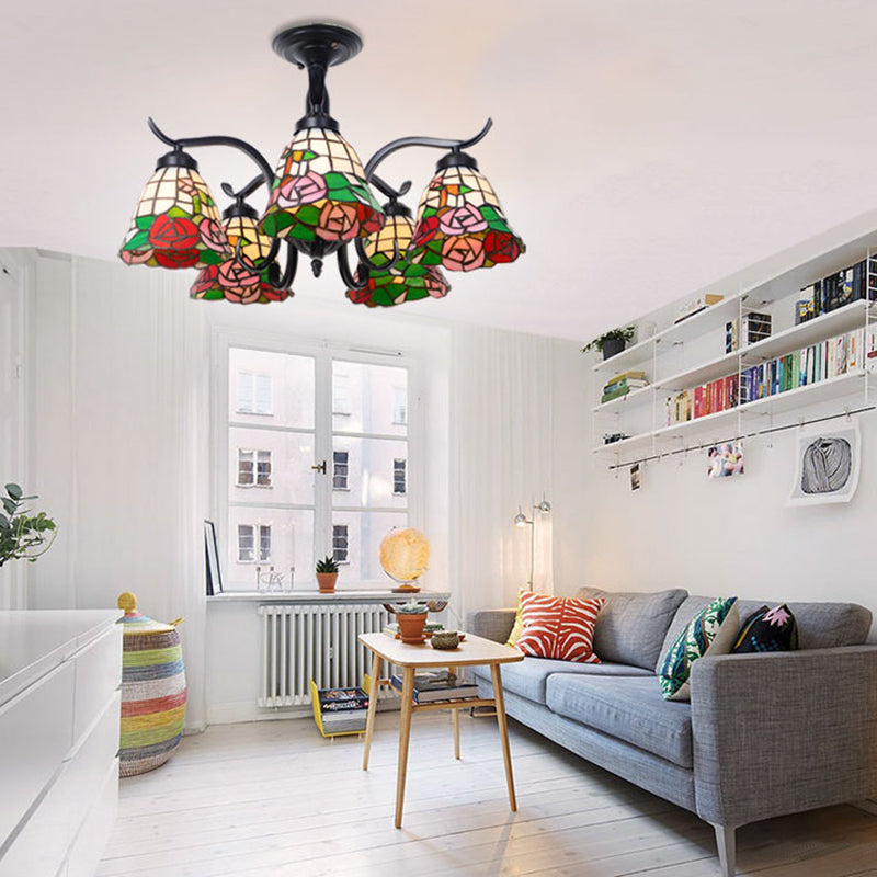 3/5 Lights Semi Flushmount with Shade Tiffany Style Stained Glass Semi Flush Lamp in Red/Blue/Green/Blue-White for Stairway 5 Red Clearhalo 'Ceiling Lights' 'Close To Ceiling Lights' 'Close to ceiling' 'Glass shade' 'Glass' 'Semi-flushmount' 'Tiffany close to ceiling' 'Tiffany' Lighting' 27816