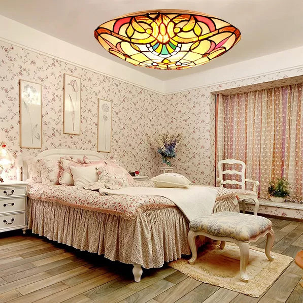 Stained Glass Ceiling Light, Bowl Shade Flush Mount Light with Jewel Decoration Baroque Style Beige Clearhalo 'Ceiling Lights' 'Close To Ceiling Lights' 'Close to ceiling' 'Flush mount' Lighting' 2782