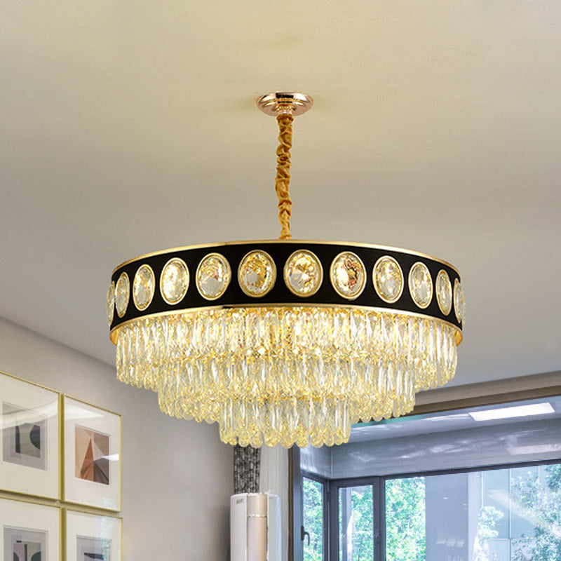 Black and Gold 3 Tiers Hanging Light Postmodern 9/11 Heads Crystal Block Chandelier Lighting, 19.5"/23.5" Wide Black-Gold Clearhalo 'Ceiling Lights' 'Chandeliers' 'Modern Chandeliers' 'Modern' Lighting' 278212