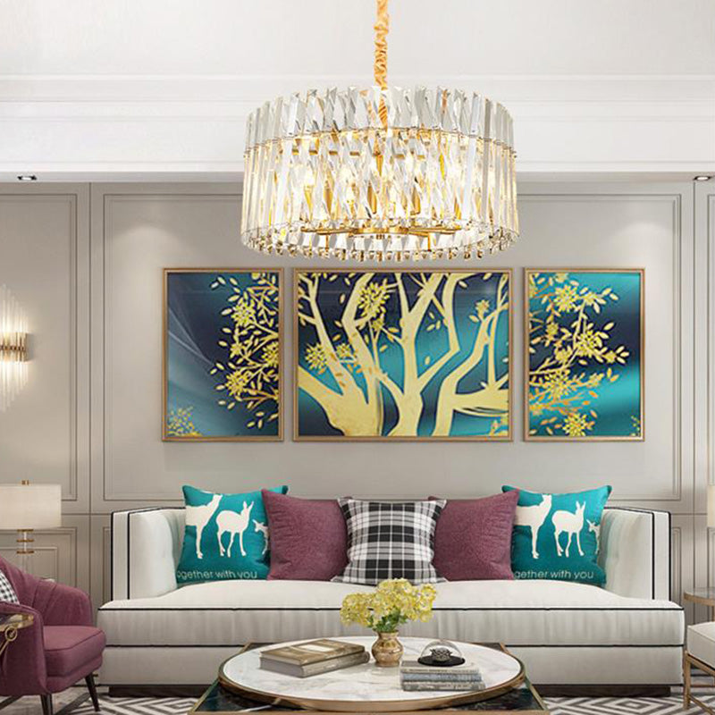 Round Tri-Sided Crystal Rod Hanging Light Fixture Postmodern 8/10 Lights Gold Chandelier Lamp Clearhalo 'Ceiling Lights' 'Chandeliers' Lighting' options 278223