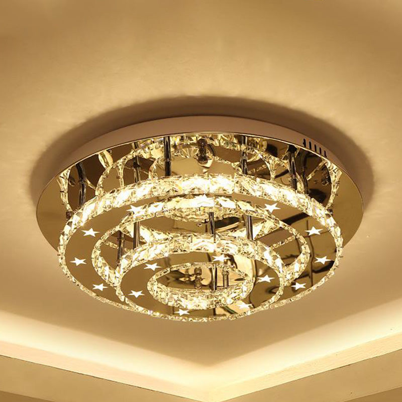 2 Tiers Faceted Crystal Semi Flush Light Fixture Modernism Chrome LED Ceiling Light in Warm/White/3 Color Light, 18"/21.5"/25.5" Wide Chrome 3 Color Clearhalo 'Ceiling Lights' 'Close To Ceiling Lights' 'Close to ceiling' 'Semi-flushmount' Lighting' 278235