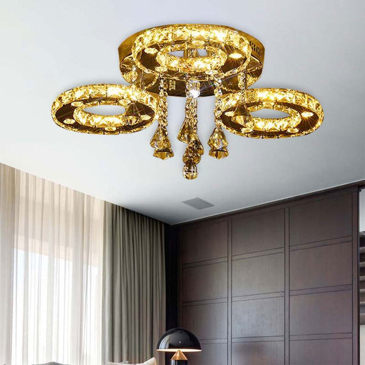 Ring Semi Flush Light Contemporary K9 Crystal Chrome 23.5"/28"/33.5" Wide LED Ceiling Lamp, Warm/White/2 Color Light Chrome 23.5"