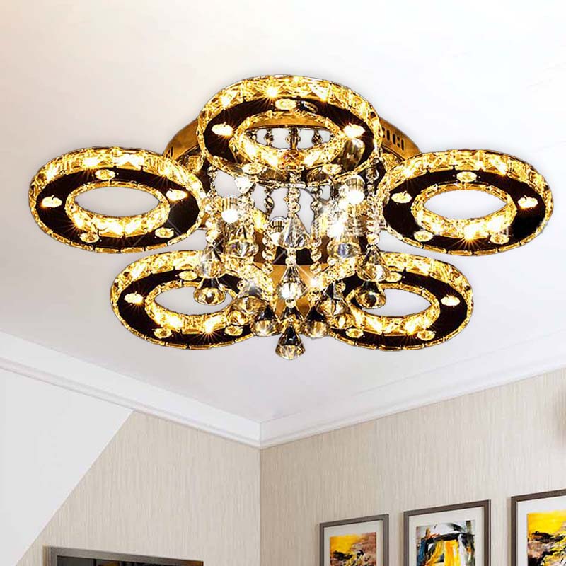 Ring Semi Flush Light Contemporary K9 Crystal Chrome 23.5"/28"/33.5" Wide LED Ceiling Lamp, Warm/White/2 Color Light Chrome 28" Clearhalo 'Ceiling Lights' 'Close To Ceiling Lights' 'Close to ceiling' 'Semi-flushmount' Lighting' 278248