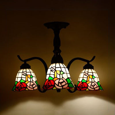 3/5 Lights Semi Flushmount with Shade Tiffany Style Stained Glass Semi Flush Lamp in Red/Blue/Green/Blue-White for Stairway Clearhalo 'Ceiling Lights' 'Close To Ceiling Lights' 'Close to ceiling' 'Glass shade' 'Glass' 'Semi-flushmount' 'Tiffany close to ceiling' 'Tiffany' Lighting' 27828