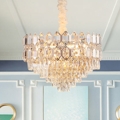 Conical Pendant Lighting Modernism K9 Crystal 6/8 Lights Champagne Chandelier Light Fixture, 16"/19.5" Wide Champagne Clearhalo 'Ceiling Lights' 'Chandeliers' 'Modern Chandeliers' 'Modern' Lighting' 278326