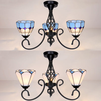 3 Lights Stained Glass Ceiling Light Vintage Tiffany Surface Mount Ceiling Light in White/Blue Clearhalo 'Ceiling Lights' 'Close To Ceiling Lights' 'Close to ceiling' 'Glass shade' 'Glass' 'Semi-flushmount' 'Tiffany close to ceiling' 'Tiffany' Lighting' 27838