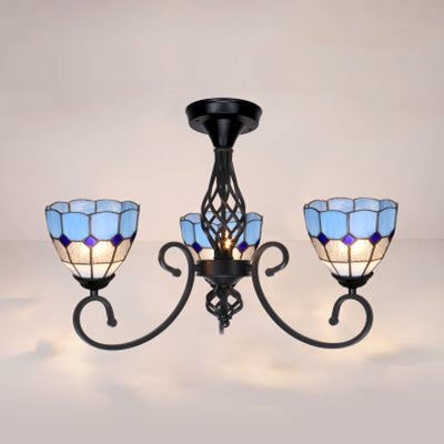 3 Lights Stained Glass Ceiling Light Vintage Tiffany Surface Mount Ceiling Light in White/Blue Blue Clearhalo 'Ceiling Lights' 'Close To Ceiling Lights' 'Close to ceiling' 'Glass shade' 'Glass' 'Semi-flushmount' 'Tiffany close to ceiling' 'Tiffany' Lighting' 27839