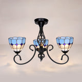 3 Lights Stained Glass Ceiling Light Vintage Tiffany Surface Mount Ceiling Light in White/Blue Blue Clearhalo 'Ceiling Lights' 'Close To Ceiling Lights' 'Close to ceiling' 'Glass shade' 'Glass' 'Semi-flushmount' 'Tiffany close to ceiling' 'Tiffany' Lighting' 27839