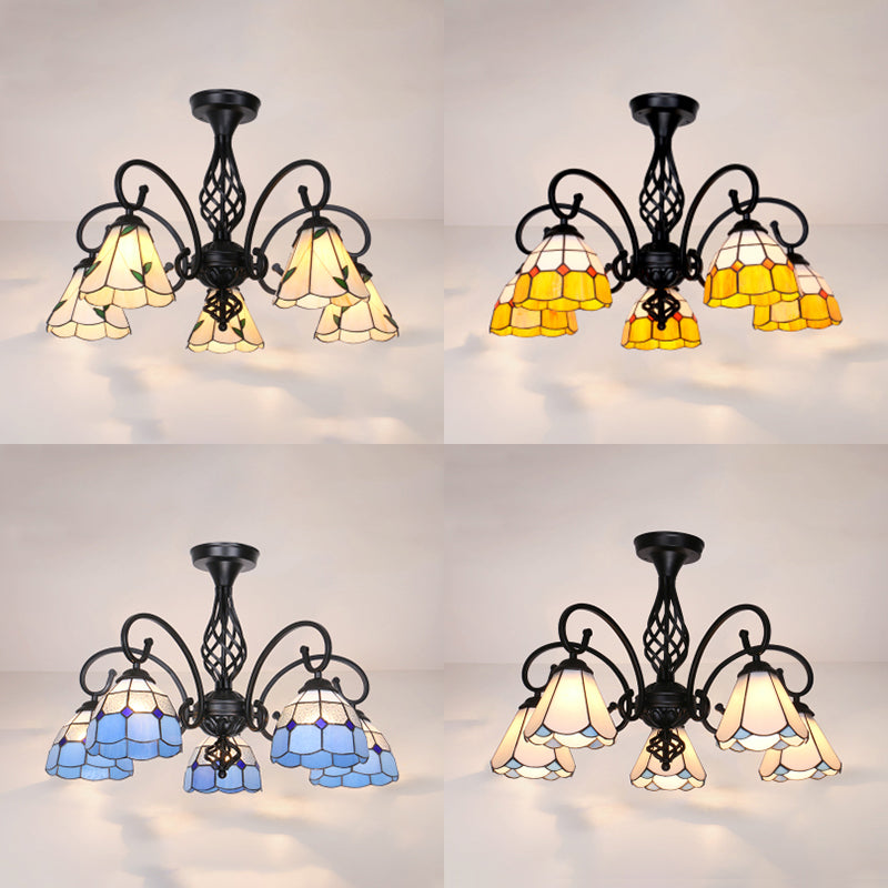 Stained Glass Indoor Semi Flush Mount Light 5 Lights Loft Tiffany Semi Flush Lighting in White/Beige/Yellow/Blue for Hallway Clearhalo 'Ceiling Lights' 'Close To Ceiling Lights' 'Close to ceiling' 'Glass shade' 'Glass' 'Semi-flushmount' 'Tiffany close to ceiling' 'Tiffany' Lighting' 27841