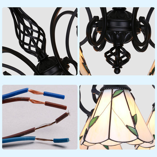 Stained Glass Indoor Semi Flush Mount Light 5 Lights Loft Tiffany Semi Flush Lighting in White/Beige/Yellow/Blue for Hallway Clearhalo 'Ceiling Lights' 'Close To Ceiling Lights' 'Close to ceiling' 'Glass shade' 'Glass' 'Semi-flushmount' 'Tiffany close to ceiling' 'Tiffany' Lighting' 27843