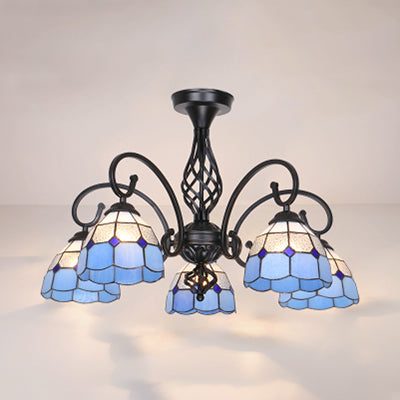 Stained Glass Indoor Semi Flush Mount Light 5 Lights Loft Tiffany Semi Flush Lighting in White/Beige/Yellow/Blue for Hallway Blue Clearhalo 'Ceiling Lights' 'Close To Ceiling Lights' 'Close to ceiling' 'Glass shade' 'Glass' 'Semi-flushmount' 'Tiffany close to ceiling' 'Tiffany' Lighting' 27844