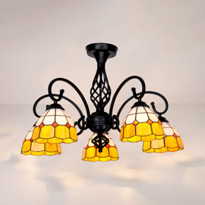 Stained Glass Indoor Semi Flush Mount Light 5 Lights Loft Tiffany Semi Flush Lighting in White/Beige/Yellow/Blue for Hallway Yellow Clearhalo 'Ceiling Lights' 'Close To Ceiling Lights' 'Close to ceiling' 'Glass shade' 'Glass' 'Semi-flushmount' 'Tiffany close to ceiling' 'Tiffany' Lighting' 27846