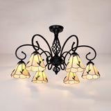 Tiffany Semi Flush Lighting with Curved Arm 3/5/6 Lights Stained Glass Semi Flush Mount in White/Yellow/Blue/Green for Living Room Clearhalo 'Ceiling Lights' 'Close To Ceiling Lights' 'Close to ceiling' 'Glass shade' 'Glass' 'Semi-flushmount' 'Tiffany close to ceiling' 'Tiffany' Lighting' 27851