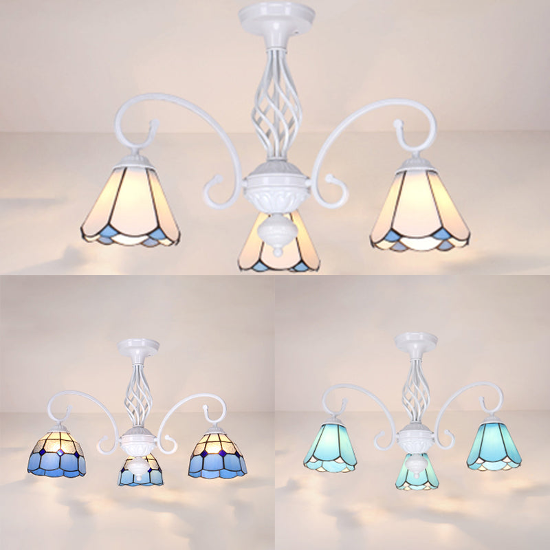 3 Lights Semi Flush Mount with Shade Vintage Rustic Stained Glass Living Room Semi Flush Light in White/Sky Blue/Blue Clearhalo 'Ceiling Lights' 'Close To Ceiling Lights' 'Close to ceiling' 'Glass shade' 'Glass' 'Semi-flushmount' 'Tiffany close to ceiling' 'Tiffany' Lighting' 27880