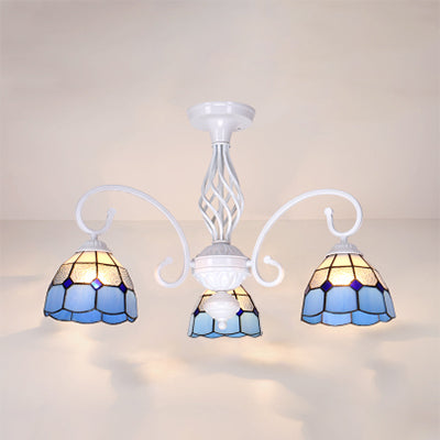3 Lights Semi Flush Mount with Shade Vintage Rustic Stained Glass Living Room Semi Flush Light in White/Sky Blue/Blue Blue Clearhalo 'Ceiling Lights' 'Close To Ceiling Lights' 'Close to ceiling' 'Glass shade' 'Glass' 'Semi-flushmount' 'Tiffany close to ceiling' 'Tiffany' Lighting' 27881
