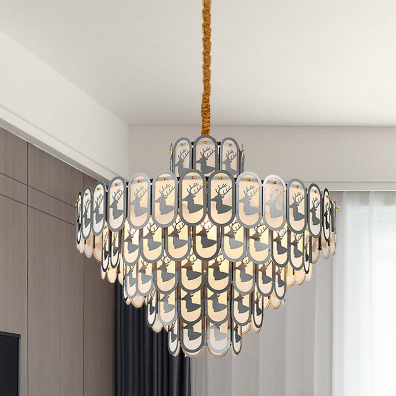 Crystal Tiered Chandelier Pendant Light Modern 12/16 Lights Down Lighting in Nickel with Elk Pattern Clearhalo 'Ceiling Lights' 'Chandeliers' Lighting' options 278839