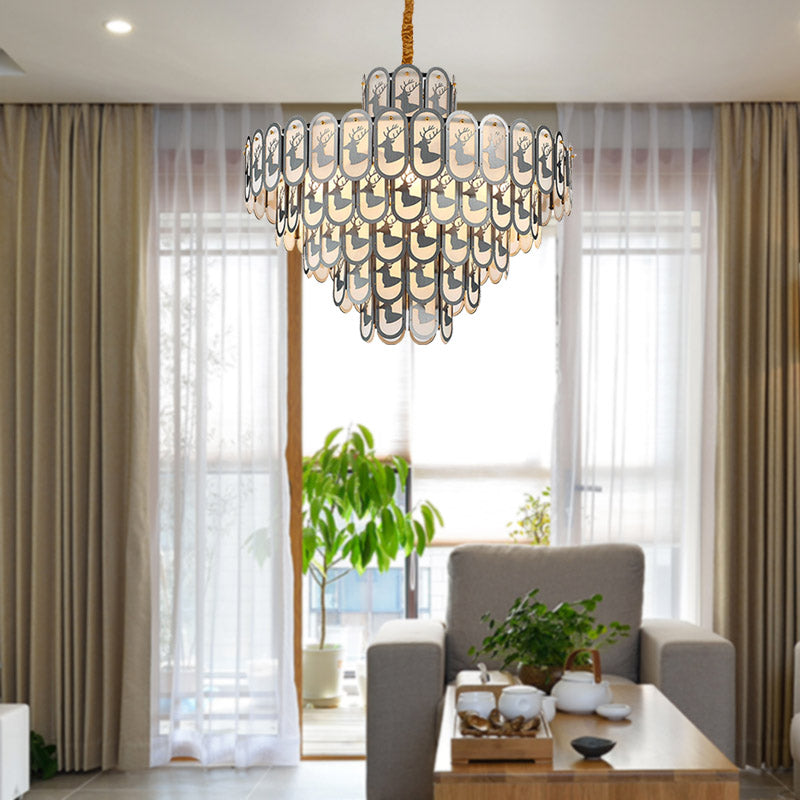 Crystal Tiered Chandelier Pendant Light Modern 12/16 Lights Down Lighting in Nickel with Elk Pattern Clearhalo 'Ceiling Lights' 'Chandeliers' Lighting' options 278840