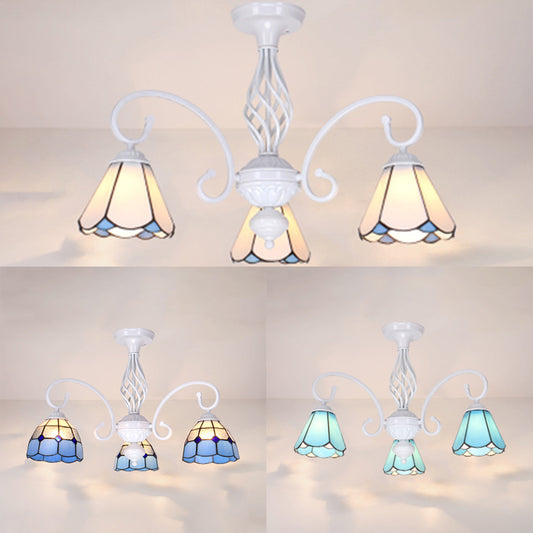 Living Room Semi Flush Mount Light with Shade Tiffany Style 3/5 Lights Semi Flush Lamp in White/Blue/Sky Blue Clearhalo 'Ceiling Lights' 'Close To Ceiling Lights' 'Close to ceiling' 'Glass shade' 'Glass' 'Semi-flushmount' 'Tiffany close to ceiling' 'Tiffany' Lighting' 27886