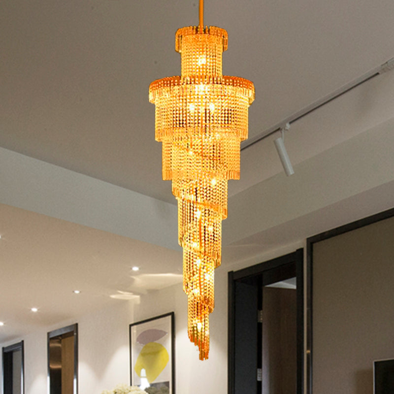 Layered Crystal Ceiling Chandelier Modern 15 Lights Gold Suspension Pendant for Corridor Clearhalo 'Ceiling Lights' 'Chandeliers' Lighting' options 278904