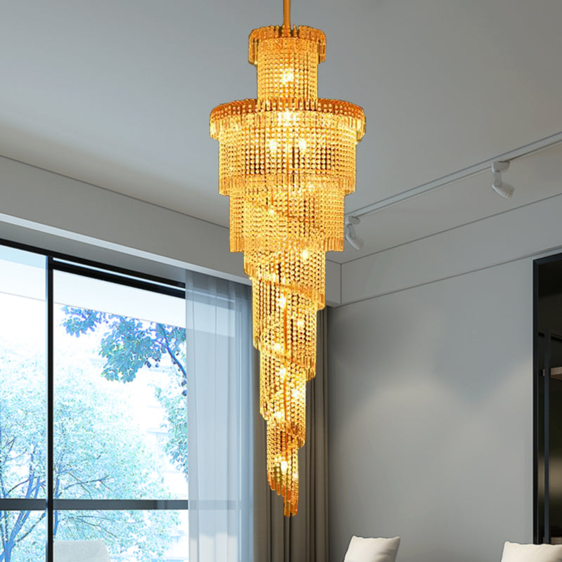 Layered Crystal Ceiling Chandelier Modern 15 Lights Gold Suspension Pendant for Corridor Clearhalo 'Ceiling Lights' 'Chandeliers' Lighting' options 278905