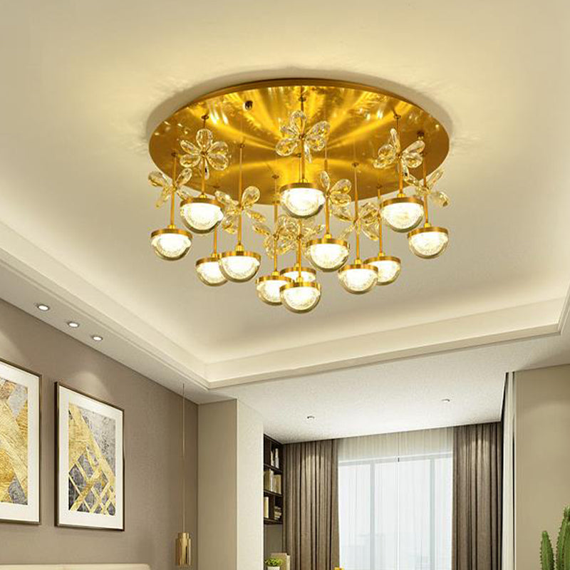 Hemisphere Semi Flush Contemporary Crystal 9/12 Heads Brass Close to Ceiling Lamp, 18"/23.5" Wide Brass Clearhalo 'Ceiling Lights' 'Close To Ceiling Lights' 'Close to ceiling' 'Semi-flushmount' Lighting' 279004