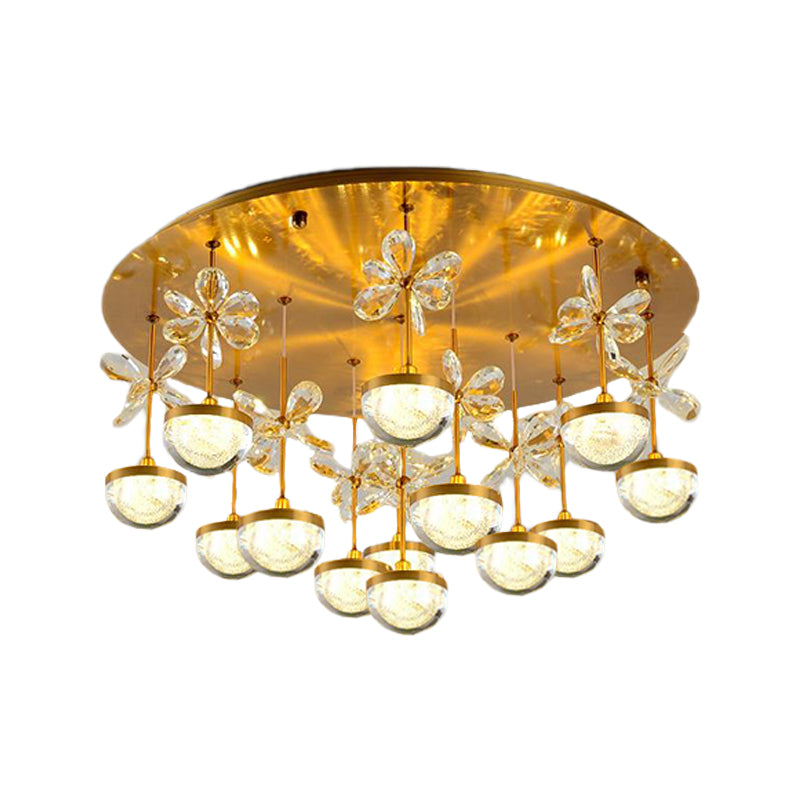 Hemisphere Semi Flush Contemporary Crystal 9/12 Heads Brass Close to Ceiling Lamp, 18"/23.5" Wide Clearhalo 'Ceiling Lights' 'Close To Ceiling Lights' 'Close to ceiling' 'Semi-flushmount' Lighting' 279007